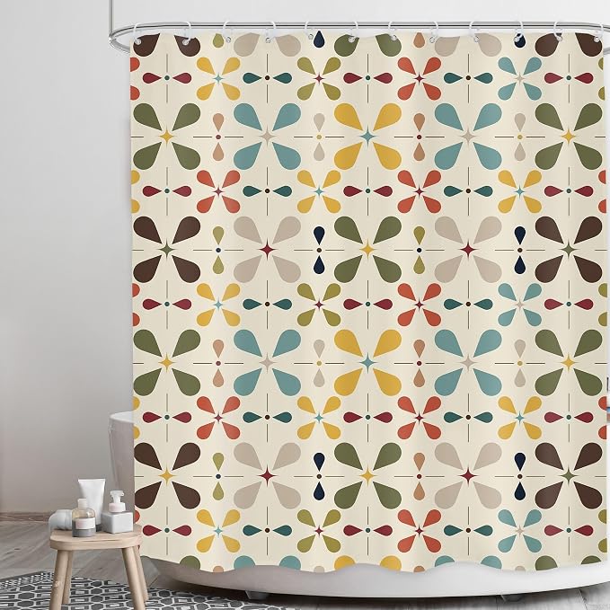 Boho Mid Century Shower Curtain Bathroom Set 60Wx71H Inches Modern Vintage Abstract Bohemian Colourful Geometric Retro Chic Bath Accessories for Girly Women Art Home Decor Fabric 12 Pack Hooks