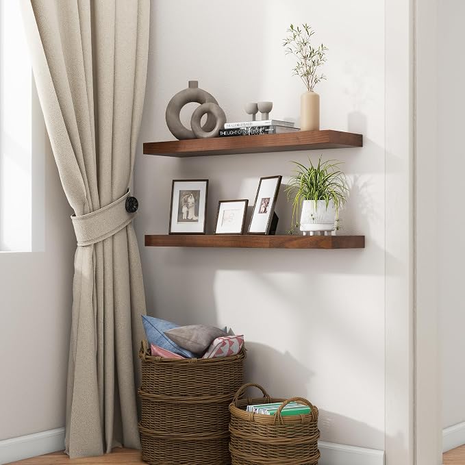 fuqing 30 Inch Floating Shelves for Wall Set of 2, Rustic Wood Wall Shelves for Living Room Bedroom Bathroom Home Office - Walnut