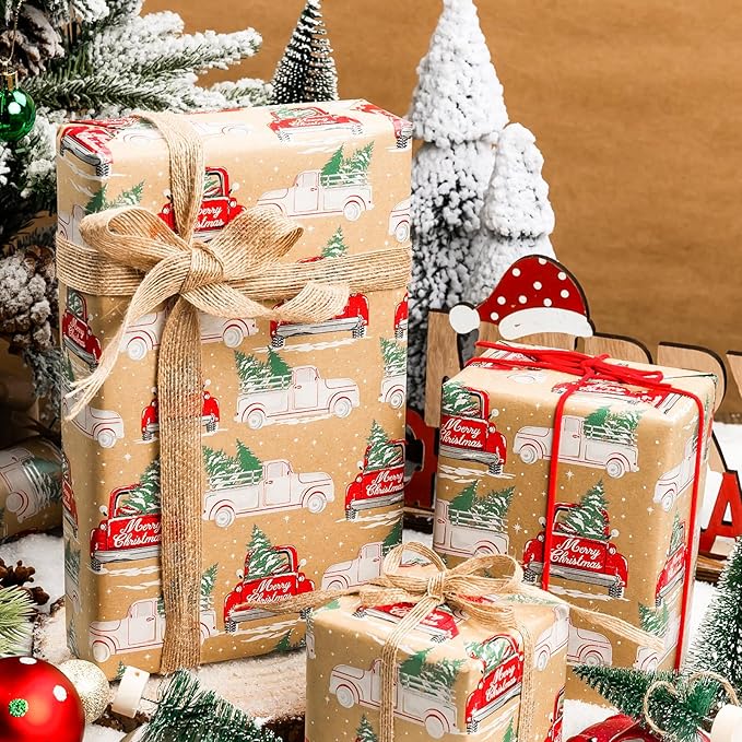 MAYPLUSS Kraft Christmas Wrapping Paper Roll - 17 Inch X 33 Feet - Recyclable Red Vintage Truck with Pine Trees Kraft Festive Winter Gift Wrap Paper Sheet for Christmas, Holiday, Party Decor, New Year