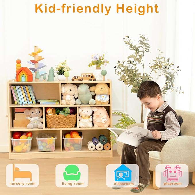 Wooden Kids Bookshelf and Toy Storage Organizer, 3-Tier Montessori Shelf, 7-Section Storage Cabinet, Birch Bookcase Book Shelf for Kids Room, Nursery, Classroom, Playroom - Natural