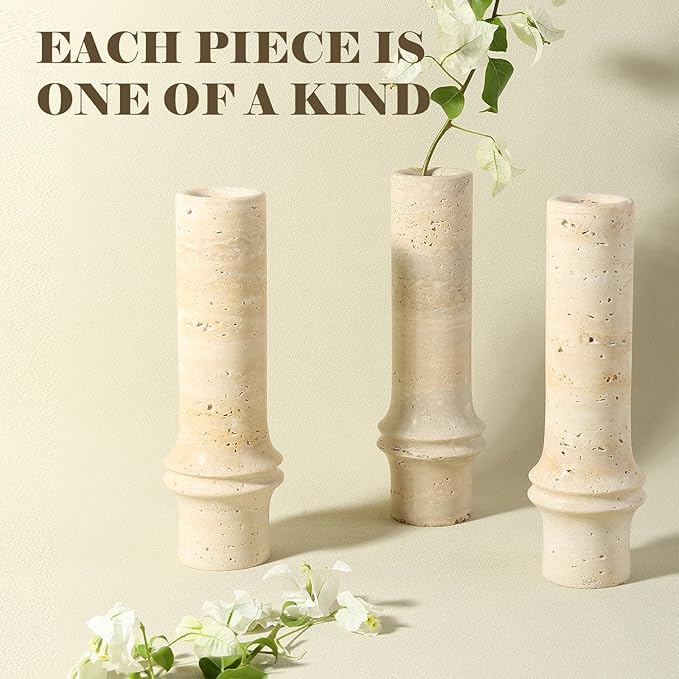Flower Vase for Home Decor, Marble Bamboo Vase Rustic Vintage Decorations for Living Room, Table, Bathroom, Holiday & Weddings (Travertine)