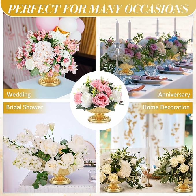 2 Pcs Metal Compote Bowl for Centerpiece Flower Holder Small Compote Vase Indoor Outdoor Flowers Fruits Plant for Christmas Wedding Home Party Decoration (Medium,Bright Gold)