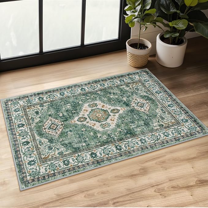 Lahome Oriental Small Rugs for Entryway, 2x3 Rug Non Slip Washable Door Mat Indoor Entrance Ultra-Thin Vintage Soft Carpet for Kitchen Bedroom Front Door Bathroom, Green/Multi