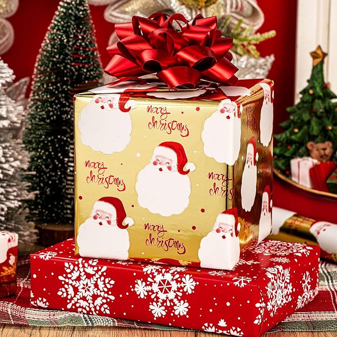 MAYPLUSS Gold Santa Claus Wrapping Paper Roll, 17IN X 33FT Red Christmas Gift Wrap Paper Featuring Merry Christmas Reversible Snowflake for Holiday New Year Kids