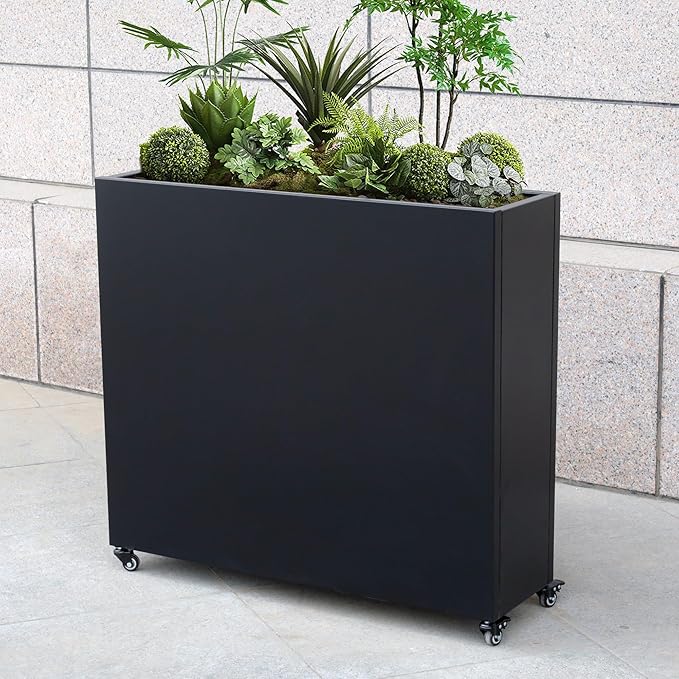 Modern Metal Planter Box with Lockable Wheels – 40” x 36” x 12” – Sleek Indoor/Outdoor Divider for Plants & Flowers – Durable Powder-Coated Steel with Minimalist Design
