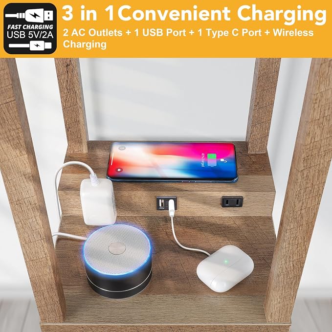 Mlambert Modern Shelf Floor Lamp with Wireless Charger & Fast Charging USB Ports & Type C Port & 2 Power Outlets,3 Tier Storage Lamp for Bedroom(Wood)