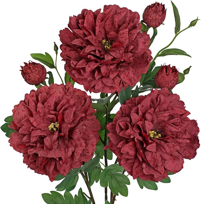 Dark Red Peonies Artificial Flowers 3Pcs Fall Flowers for Fall Decoration 27.5" Real Touch Silk Faux Peony Flower with Stems for Home Autumn Floral Arrangement Vase Table Centerpieces Bouquet Decor