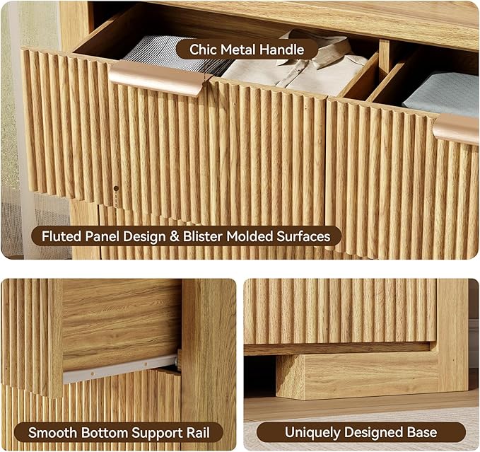 Fluted Dresser for Bedroom, 9 Drawer Dresser with Gold Handle, 57" Wide Chest of Drawers, Modern Wood Dressers Organizer for Bedroom, Liveroom, Entryway, Natural Oak