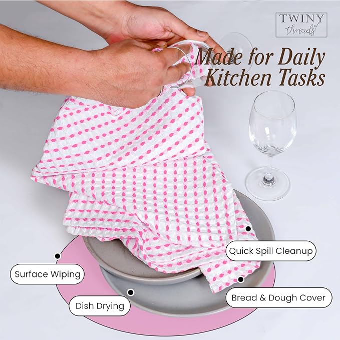 TWINY threads Waffle Towels Set of 4, 16x26 Inches, 100% Cotton, Soft, Absorbent Waffle Weave Kitchen Dishcloth Set, Durable & Machine Washable Tea Towel, Rose Pink, White