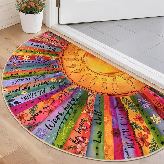 Likiyol Sun Entryway Rug 2x3 Small Rug, Half Circle Door Mat Indoor Entrance Inspirational Non Slip Rugs for Entryway, Washable Soft Faux Wool Throw Rugs Carpet for Entry, Kitchen, Bathroom, Low-Pile
