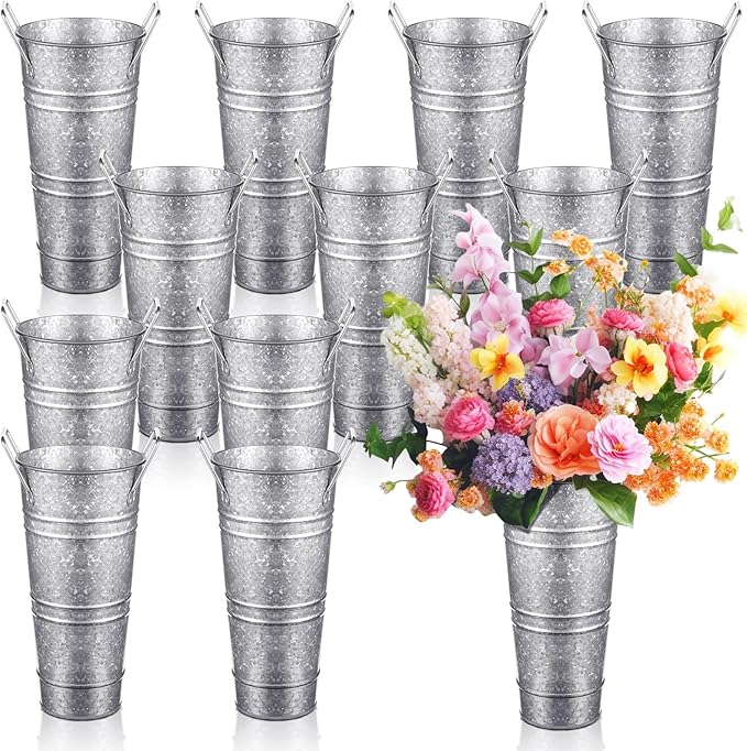 Zhehao 12 PCS 12 Inch Galvanized Metal Vase with Handles Bulk Tin Flower Buckets Galvanized Vases for Flowers Country Wedding Table Centerpieces Metal Flower Buckets for Wedding Home(Matte Silver)