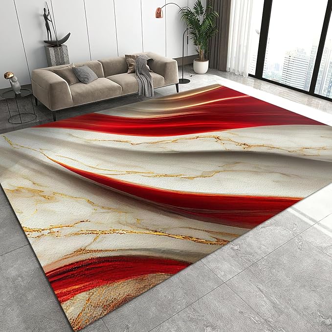 Marble Gilt Texture Red Area Rug, Luxury Marble Non Slip Throw Rug, Machine Washable Durable Carpet for Indoor Bedroom Living Room Office Decor Rug - 4 ft x 5 ft