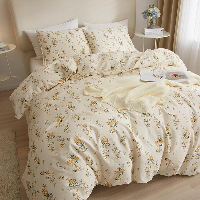Yellow Floral Comforter Set Full Size Garden Style Flower Botanical Comforter Set Fluffy Soft Vintage Floral Bedding Set Full Chic Cottagecore Flowers Comforter with 2 Pillowcases for All Seasons