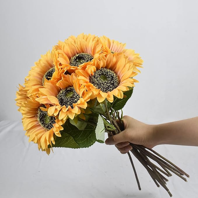 Vintage Artificial Sunflower Flowers 8 Pcs Single Long Stem Silk Fake Fall Sunflowers Bridal Wedding Bouquet Fake Yellow Flower Arrangements for Outdoor