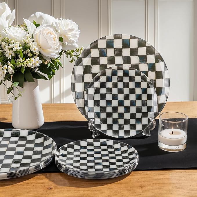 U-QE 20PCS Black Plastic Plates for Party - Retro Checkered Plates Disposable Heavy Duty - Black and White Plate for Party, Birthdays - 10 10.25 Inch Dinner and 10 7.5 Inch Dessert Plate