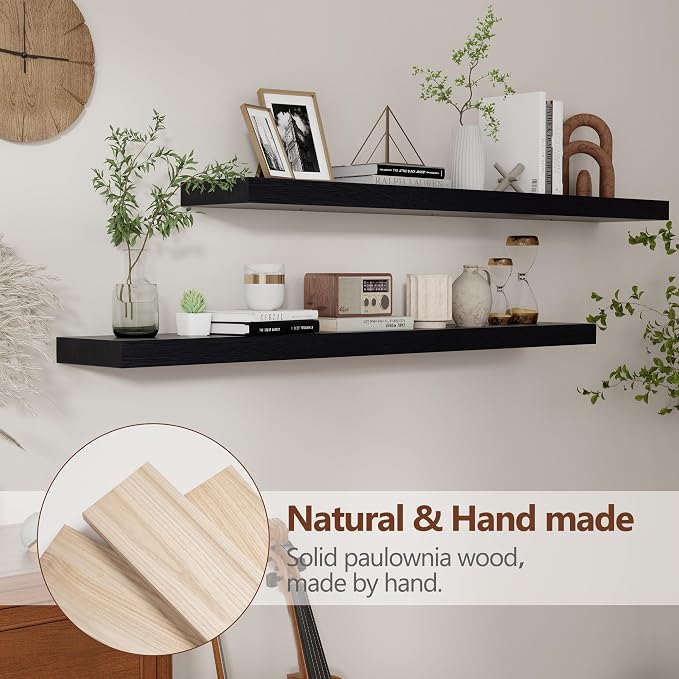 fuqing Black Floating Shelves 48 Inch, Solid Wood Wall Mounted Shelves Set of 2, Extra Long Modern Floating Shelves for Wall Decor & Storage, Shelves for Bathroom Bedroom Kitchen Living Room - Black