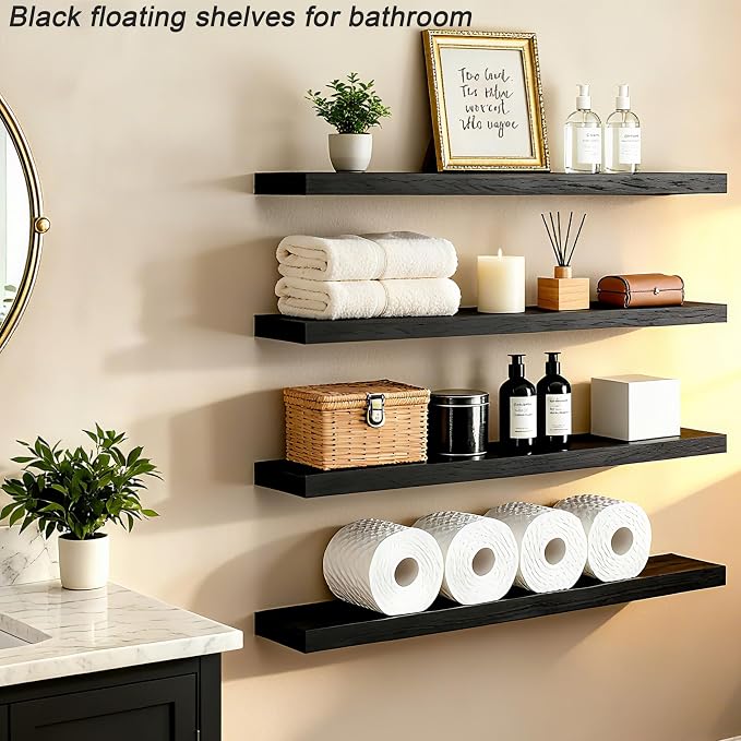 ROGMARS Black Floating Shelves for Wall 36 inch,Rustic Solid Wood Farmhouse Wooden Floating Wall Shelves with Invisible Brackets for Bedroom,Living Room, Kitchen, Bathroom,Set of 4