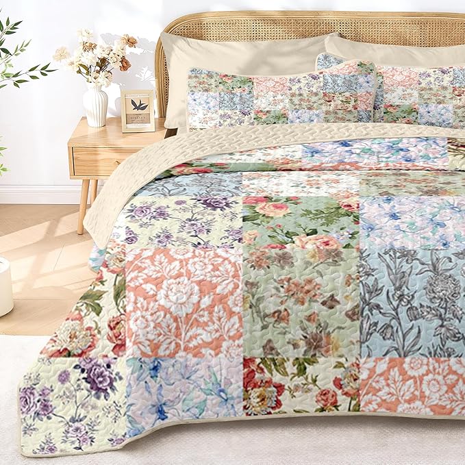 Quilt Set King Size, Vintage Patchwork Floral 3 Pcs Soft Bed Cover Bedding Set, Boho Mid Century Lightweight Bedspread Coverlet with 2 Pillow Sham for All Season