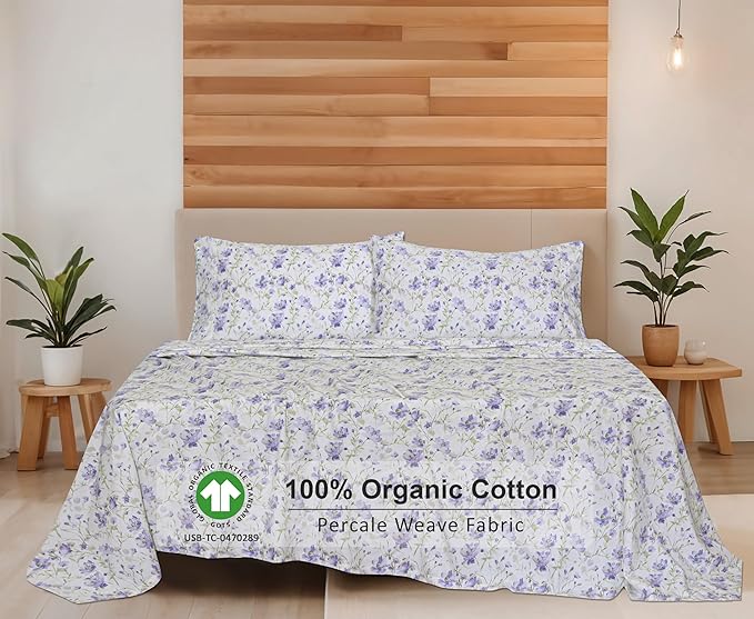 RUVANTI 100% Organic Cotton Sheets Split King, Percale Weave, GOTS Certified, 5-Piece Set, Deep Pocket 15", Crisp & Breathable, Soft Durable Bedding, Sábanas Algodón Orgánico – Heather