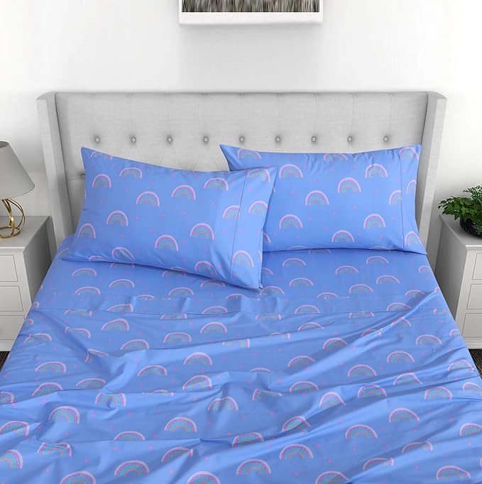 RUVANTI 100% Cotton Twin Sheets Set, 3 Pieces, Soft & Breathable Percale Weave Bedding, Deep Pocket 16", Hotel Standard, Crisp Cool Feel, Durable, Perfect Floral Bed Sheet, Baby Rainbow