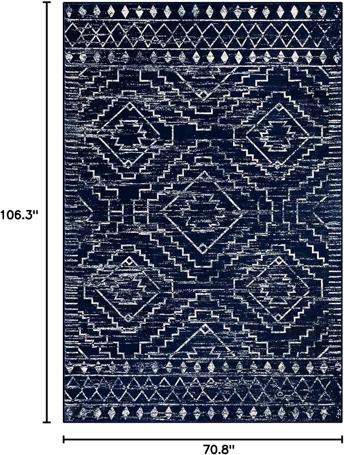 Wonnitar Moroccan Washable 6x9 Rug, Blue Large Living Room Area Rug, Non-Slip Boho Soft Rug for Bedroom, Non-Shedding Ultra-Thin Geometric Carpet for Dining Room Kitchen Basement (Blue,6'x9')