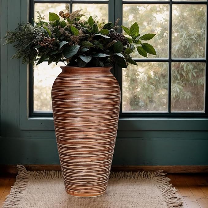 Ceramic Rustic Floor Vase,12" Large Farmhouse Flower Vases for Home Decor,Tall Boho Stain Resistant Decorative Vase for Living Room,Entryway,Office,Shelf,Centerpieces Decor (Goldenbrown)