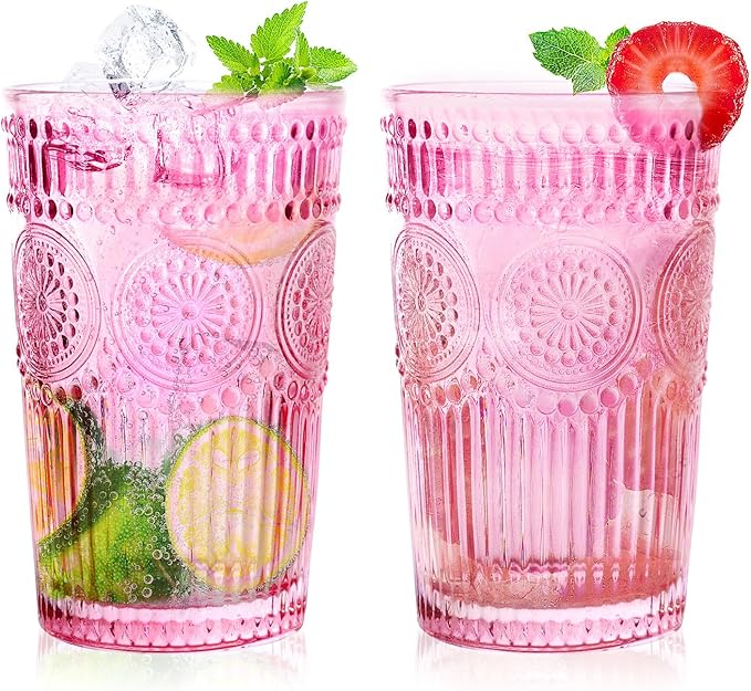 Loivttvv 6pcs Vintage Drinking Glasses Set, 12 oz Pink Highball Glasses, Embossed Ribbed Glassware Cups for Cocktail, Water, Juice, Coffee, Whiskey