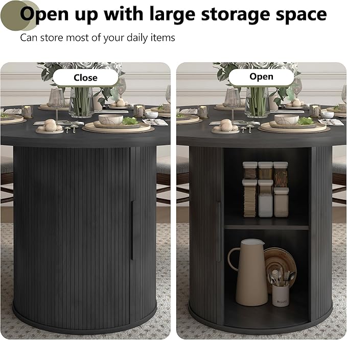 weselon 47 inch Round Dining Table for 4, Kitchen Table Dinner Table with 2-Layer Storage Shelf and Wood Slide Door for Home Dining Room Living Room (Black)