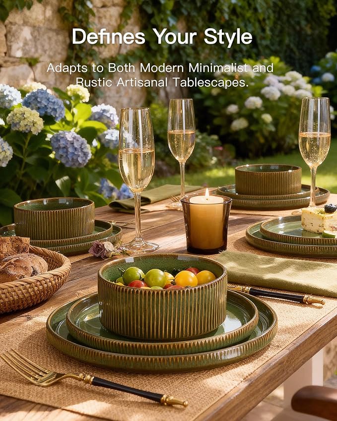 Stoneware Plates and Bowls Dishes Sets Service for 6 (18-Piece), Famiware Premium Handcrafted Reactive Glaze Dinnerware Set with Raised Rim, Scratch Resistant, Microwave Dishwasher Safe, Moss