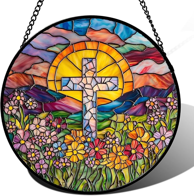 Stained Glass Window Hanging - Cross Flower Sea Sun Catcher for Door Terrace Garden Home Decor, Mountains Landscape Suncatcher Birthday Gifts for Lovers Women Men Dad Mom Nana 9.8 in