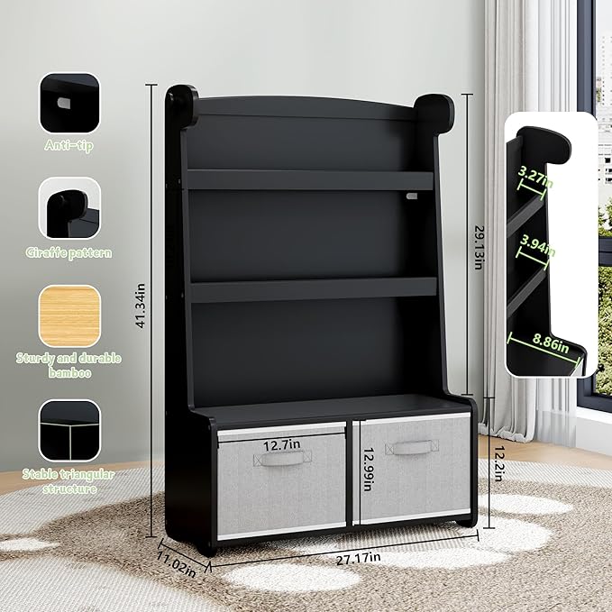 Kids Bookshelf and Toy Storage Organizer, 3 Tier Bamboo Todders Book Shelf Large Book Rack for Child Room Playroom Nursery for Kids, Children, Toddlers (Black)