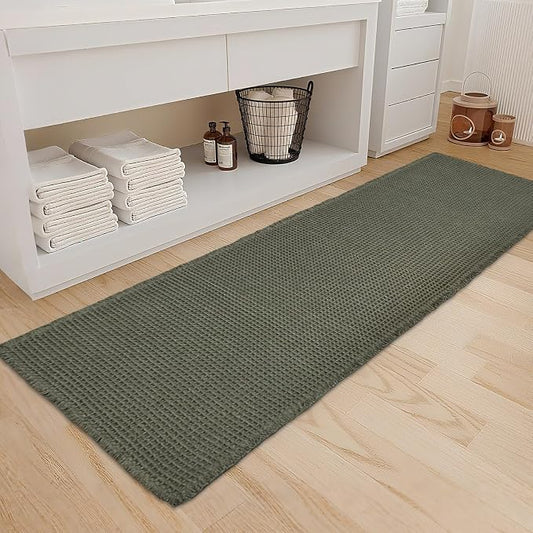 ZALL Waffle Bath Mat,Super Absorbent Non Slip Long Bathroom Runner Rug,Dark Green 24X72inch,Machine Washable Ultra Soft Floor Mats