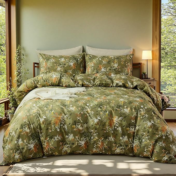 100% Cotton Duvet Cover Queen Size – Vintage Olive Green Floral Duvet Cover Set with Zipper Closure, 3-Piece Soft Breathable Natural Premium Cotton Bedding Set for All Seasons