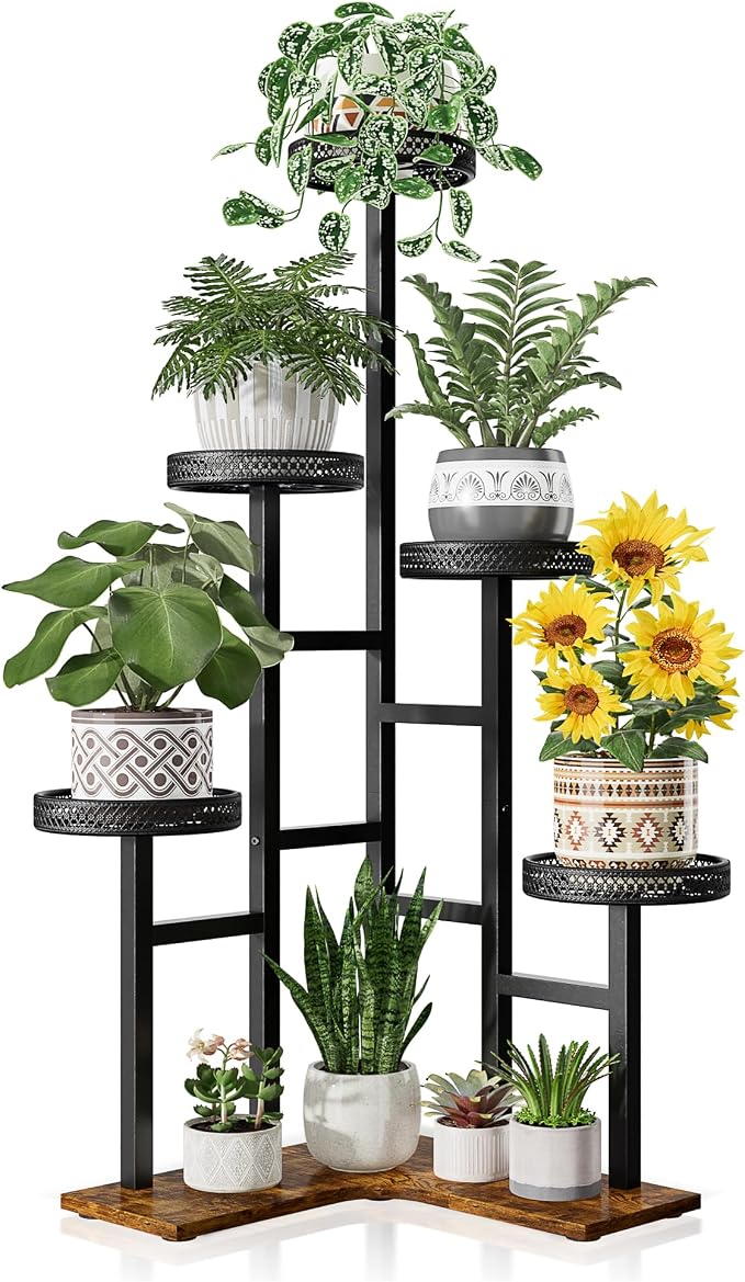 5 Tiered Corner Plant Stands Tall Indoor, Tiered Plant Stand Outdoor,Wood Plant Shelf for Multiple Plants, Wrought Iron Flower Pot Stand, Tall Plant Rack Shelf for House Patio - BlackWave