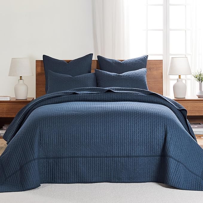 Levtex Home Cross Stitch Reversible Queen Bedspread Set (104x106in) with 2 Pillow Shams (26x20in) - Stitch Texture - Navy - Cotton Queen Size Bedspread Set - Lightweight, Soft, Pre-Washed
