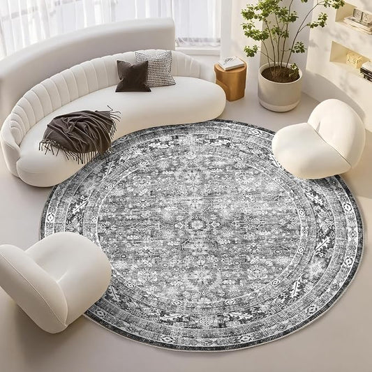 OPPODREAM Vintage Grey Round Rug 6ft, 6 ft Retro Washable Circle Rug Non Slip, Low-Pile Faux Wool Circular Carpet, Distressed Gray Floor Mat for Living Room, Bedroom, Office, Dorm, Dinning Room