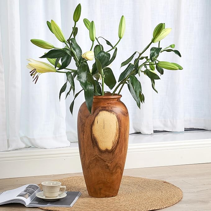 Greenage Natural Acacia Wood Vase Handmade 7.1" 7.1" x 19.7" Handcrafted Solid Wooden Table Flower Holder Rustic Decorative Tall Floor Vase for Living Room Balcony Home Decor