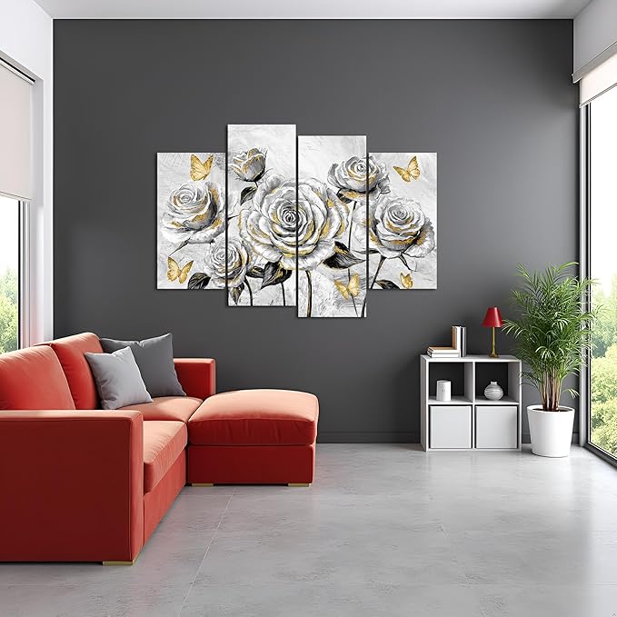 sechars Rose Wall Art Decor Grey and Gold Floral Pictures Painting Flower with Butterflies Canvas Prints Framed