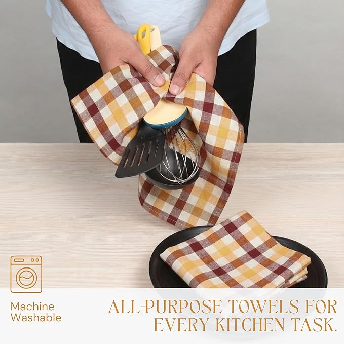 Multicolor Check Kitchen Towels 4 Pack, 100% Cotton Tea Towels, 18"x26" Quick Dry Dish Cloths for Drying Dishes, Reusable, Absorbent - Burgundy Wine, Brown, Mustard Yellow, Natural