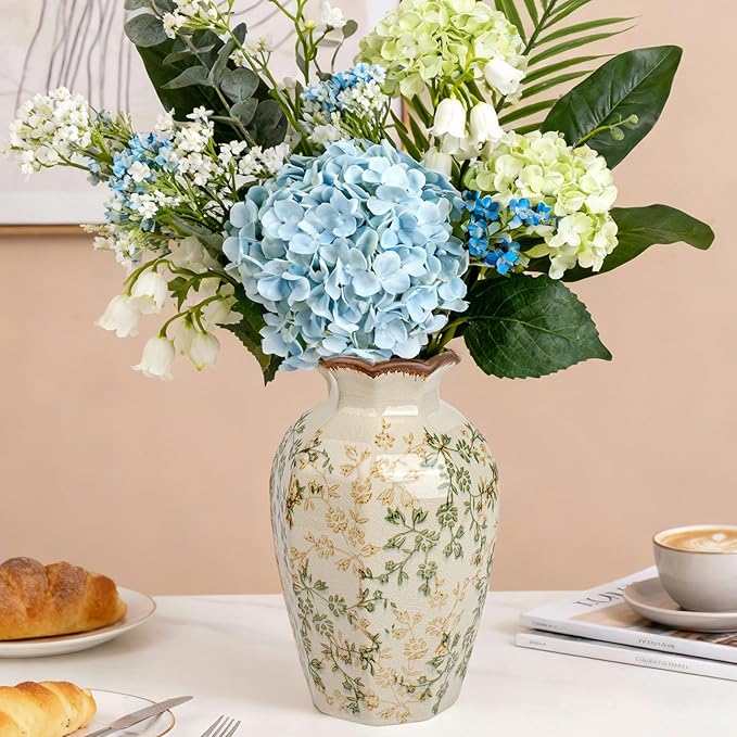 Green Vinatge Vase, Gorgeous Pastoral Octagonal Ceramic Flower Vase, Rustic Farmhouse Ice Cracked Large Chinoiserie Floral Vases for Home Decors, Cottage, Coffee Table, Bookshelf, 9.1 Inch