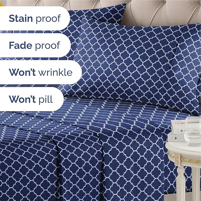 Blue Geometric Bed Sheets - 1 Flat & 1 Fitted Sheet & 2 Pillowcases w/ Deep Pockets – Wrinkle & Fade Free- Ultra-Soft, Breathable and Cooling - Luxury Moroccan Bed Set – King Size - Navy Quatrefoil