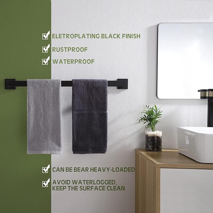 KOKOSIRI 24-Inch Single Towel Bar, Bathroom Kitchen Towel Holder, Wall Mounted SUS304 Stainless Steel Towel Rack, Matte Black, B4003BK-L24