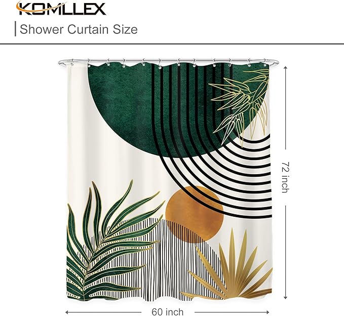 KOMLLEX Mid Century Green Boho Shower Curtain, Abstract Modern Shower Curtains for Bathroom, Plant Botanical Minimalist Leaf Arch Sun Fabric Liner Waterproof Polyester 12 Pack Hooks 60Wx72L Inches