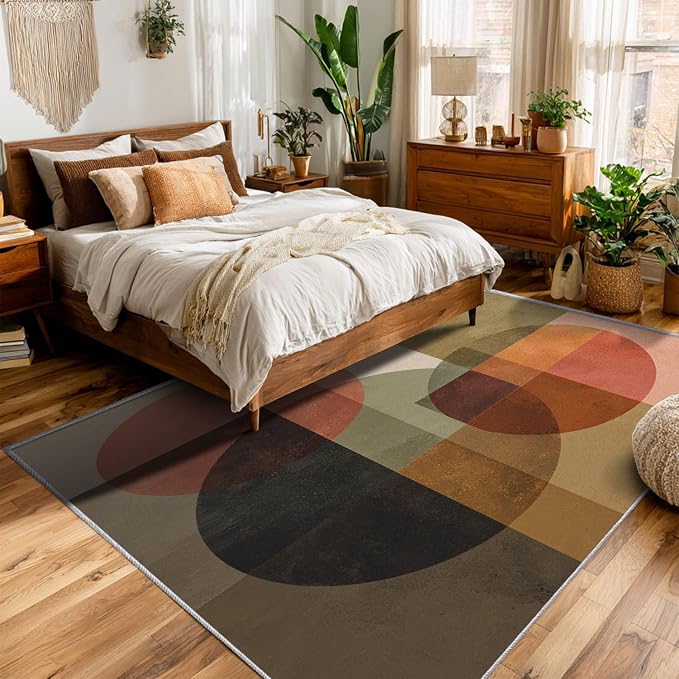 Mid Century Modern Rugs for Home Decor, 4x5 ft, Abstract Geometric Area Rugs for Living Room, Soft Non Slip Washable Retro Geo Circles MCM Carpet Bedroom Decorations D-1g