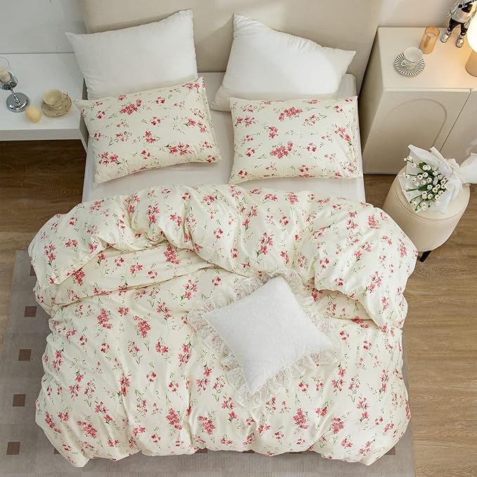 Floral Comforter Set Full Soft Bedding Set 3 Pieces Garden Style Red Flower Print Botanical Flowers Comforter for All Seasons 1 Comforter and 2 Pillowcases (Floral, Full)