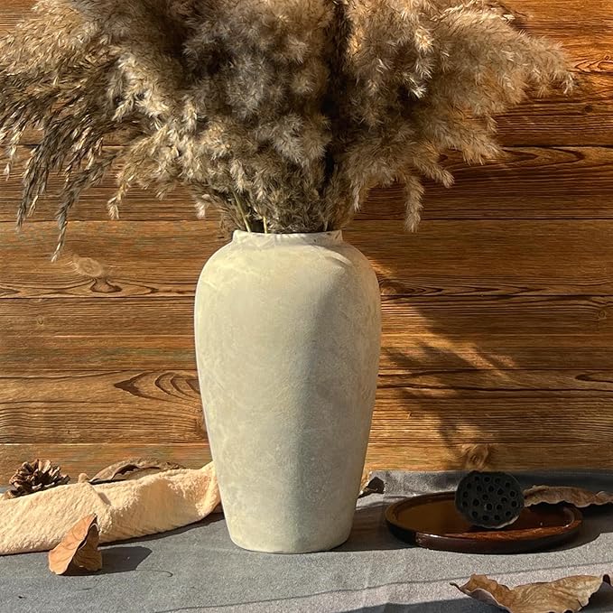 12 Inch Ceramic Rustic Vase, White Grey Farmhouse Flower Vases for Centerpieces & Home Decor, Handmade Pottery Vase for Living Room, Bedroom & Wedding Decor, Vintage Ceramic Vases for Gifts