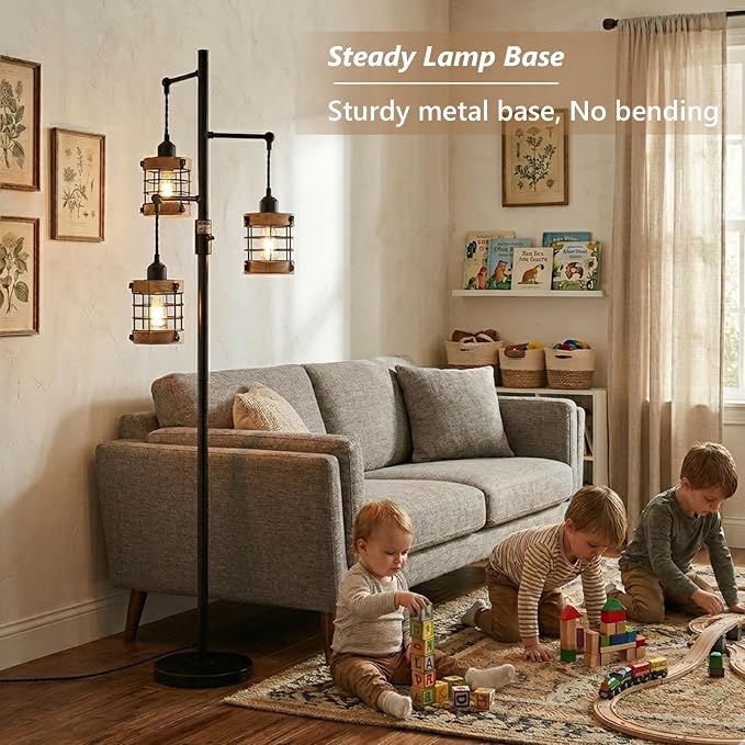 Vintage Wood Floor Lamp for Bedroom, Dimmable Floor Lamps for Living Room, Industrial Standing Lamp Farmhouse Tall Lamp for Office Home, Rustic Corner Floor Lamp Metal Black Pole Lamp