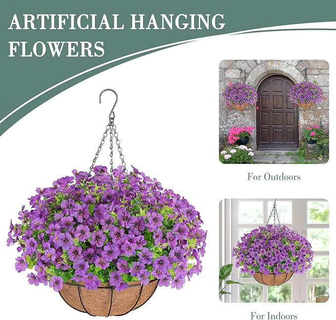 Artificial Flowers Hanging Plants in Basket,Artificial Hanging Flowers for Outdoor Indoor Decor,UV Resistant Hanging Baskets with Fake Flowers for Patio Garden Porch Deck Decoration