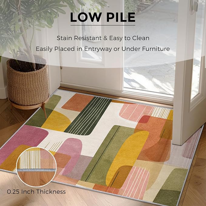 4x4 Mid Century Modern Rugs for Bedroom Decor, Washable Abstract Geometry Pattern Area Rug, Living Room Home Decoration, Non Slip Soft Thin, Boho Decor Carpet PF-P 117