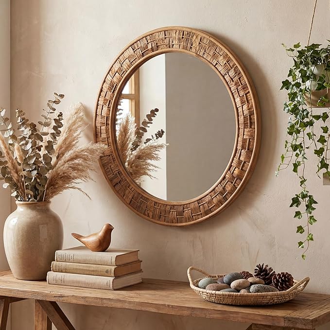 Vercraft 24 Inch Round Rattan Wicker Mirror, Rustic Boho & Farmhouse Style Handmade Woven Frame, Decorative Wall Mirror for Bathroom, Living Room, Bedroom, Entryway, Nursery Decor